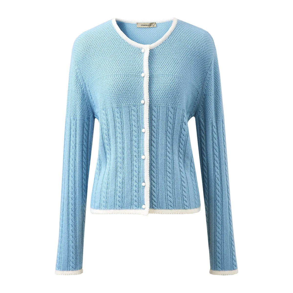 100% Cashmere Cable Knit Cardigan with Contrasting Trim