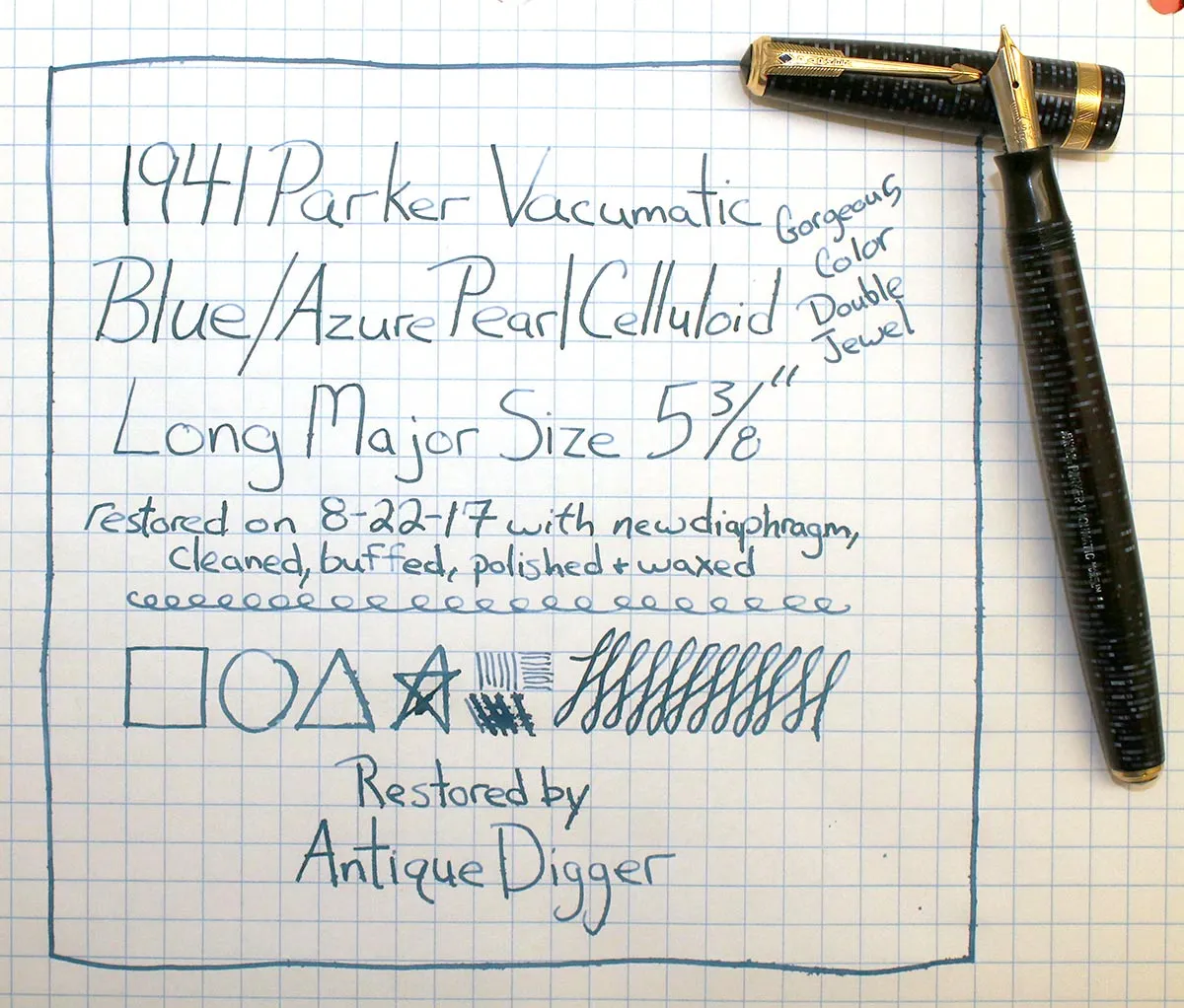 1941 PARKER AZURE PEARL DOUBLE JEWEL VACUMATIC FOUNTAIN PEN LONG MAJOR SIZE RESTORED