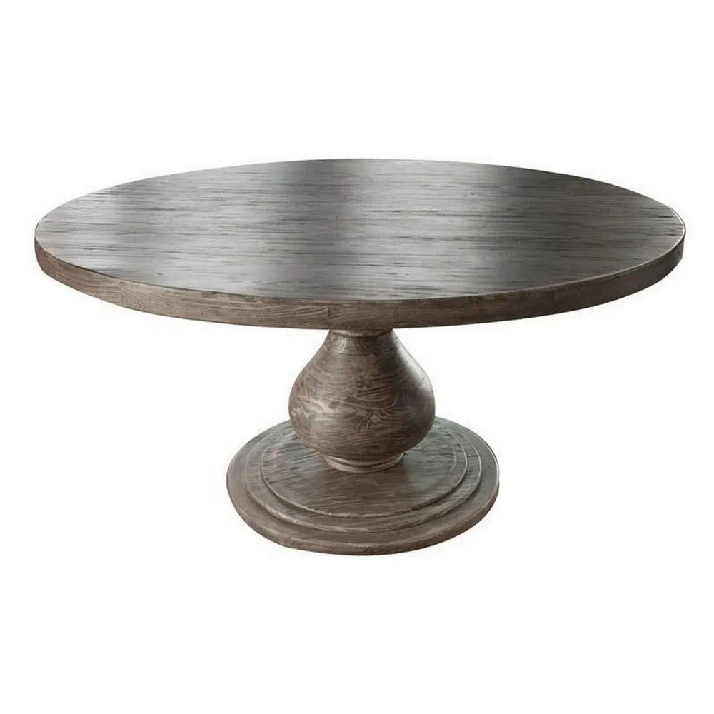 63 Inch Dining Table, Pine Wood, Round Top, Grain Details, Pedestal Base By Casagear Home