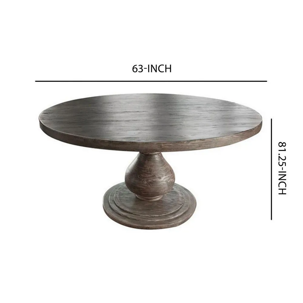 63 Inch Dining Table, Pine Wood, Round Top, Grain Details, Pedestal Base By Casagear Home