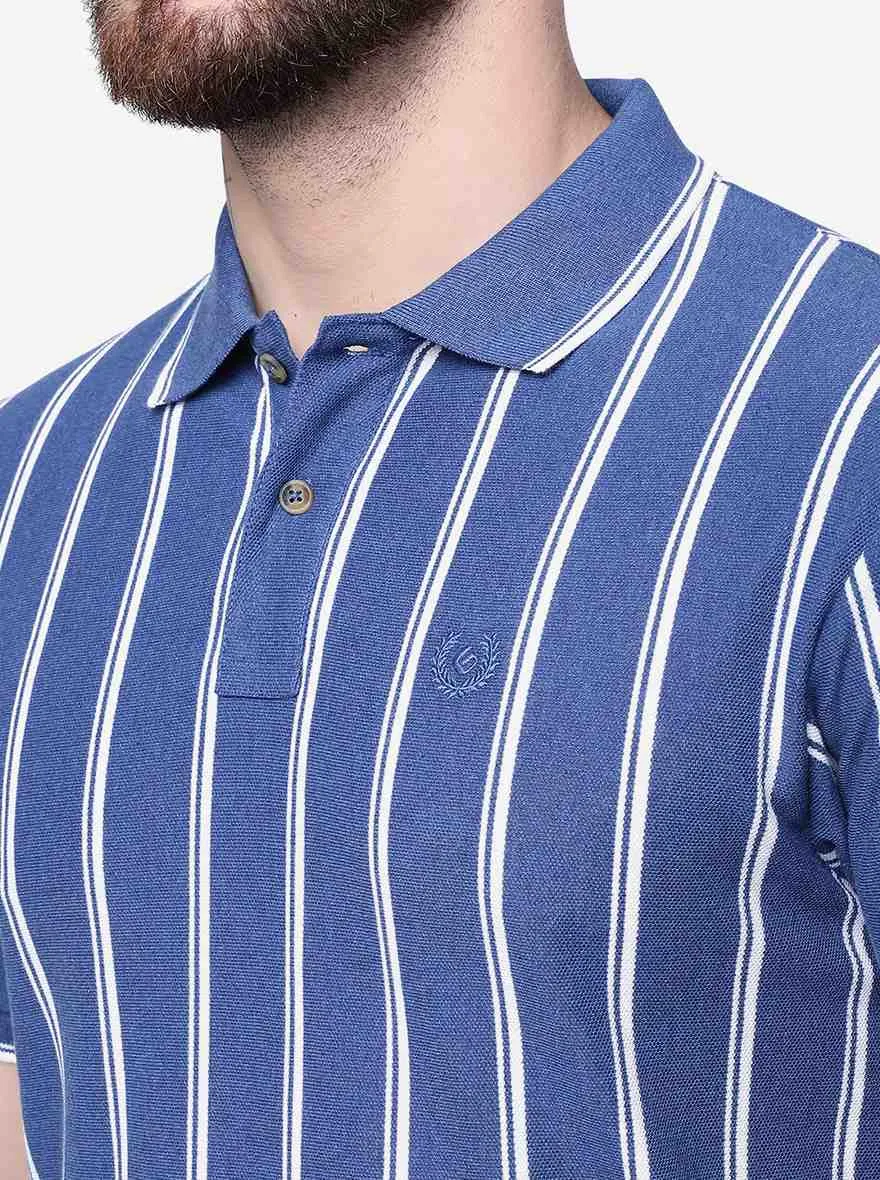 Azure Blue Striped Slim Fit Polo T-Shirt | Greenfibre