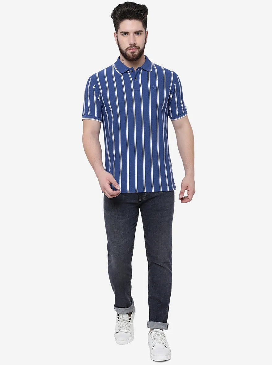 Azure Blue Striped Slim Fit Polo T-Shirt | Greenfibre