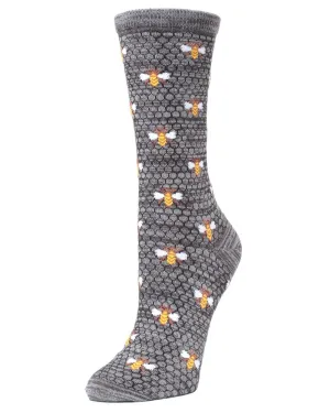 Bees and Honeycomb (Asphalt Grey) Women's Bamboo Crew Socks