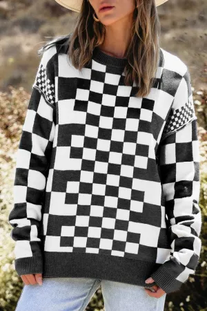 Checkered Drop Shoulder Round Neck Sweater