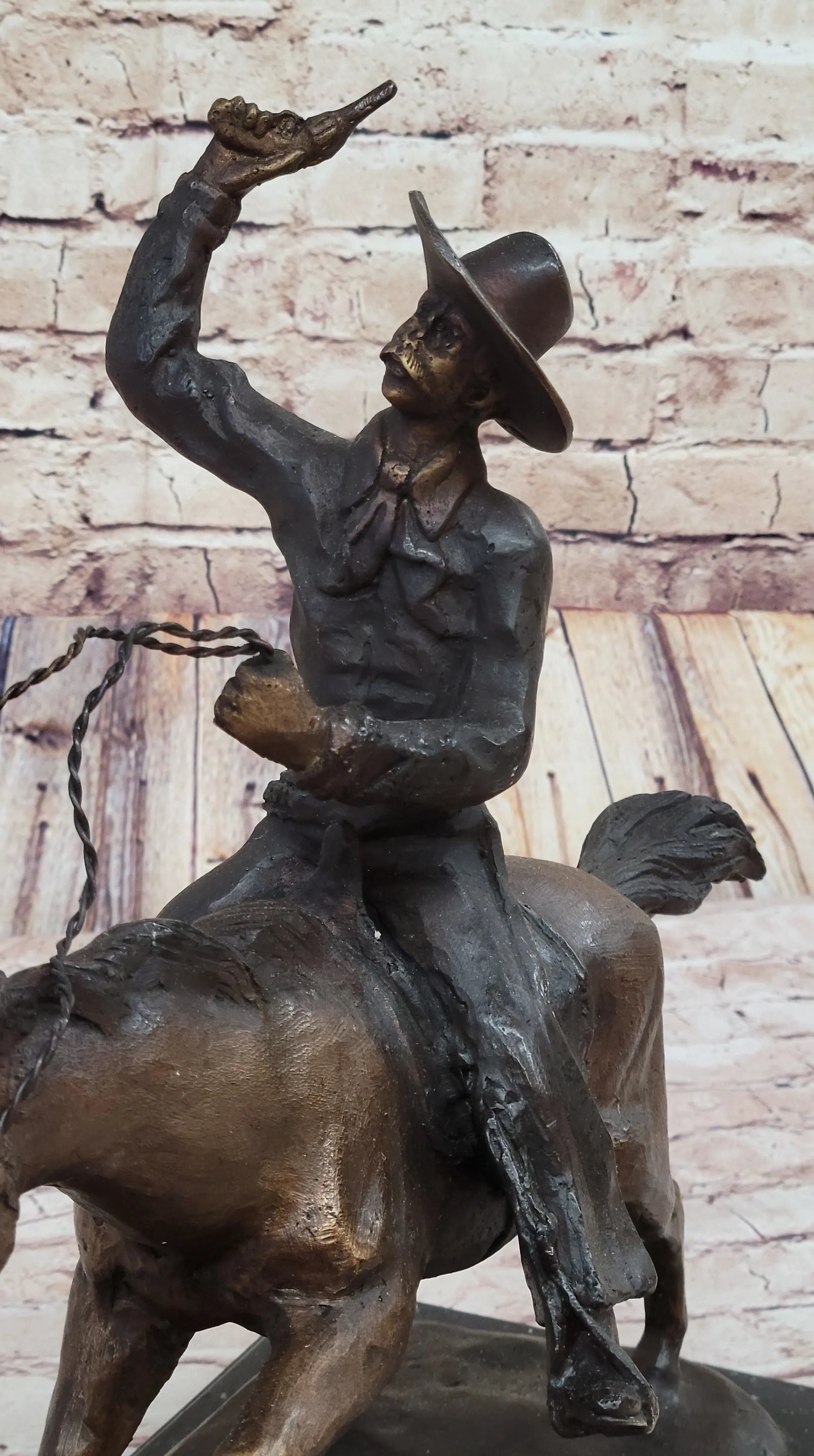 C.M. RUSSELL COWBOY RIDING HORSE Handcrafted Bronze Sculpture Statue Art Decor