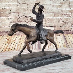 C.M. RUSSELL COWBOY RIDING HORSE Handcrafted Bronze Sculpture Statue Art Decor