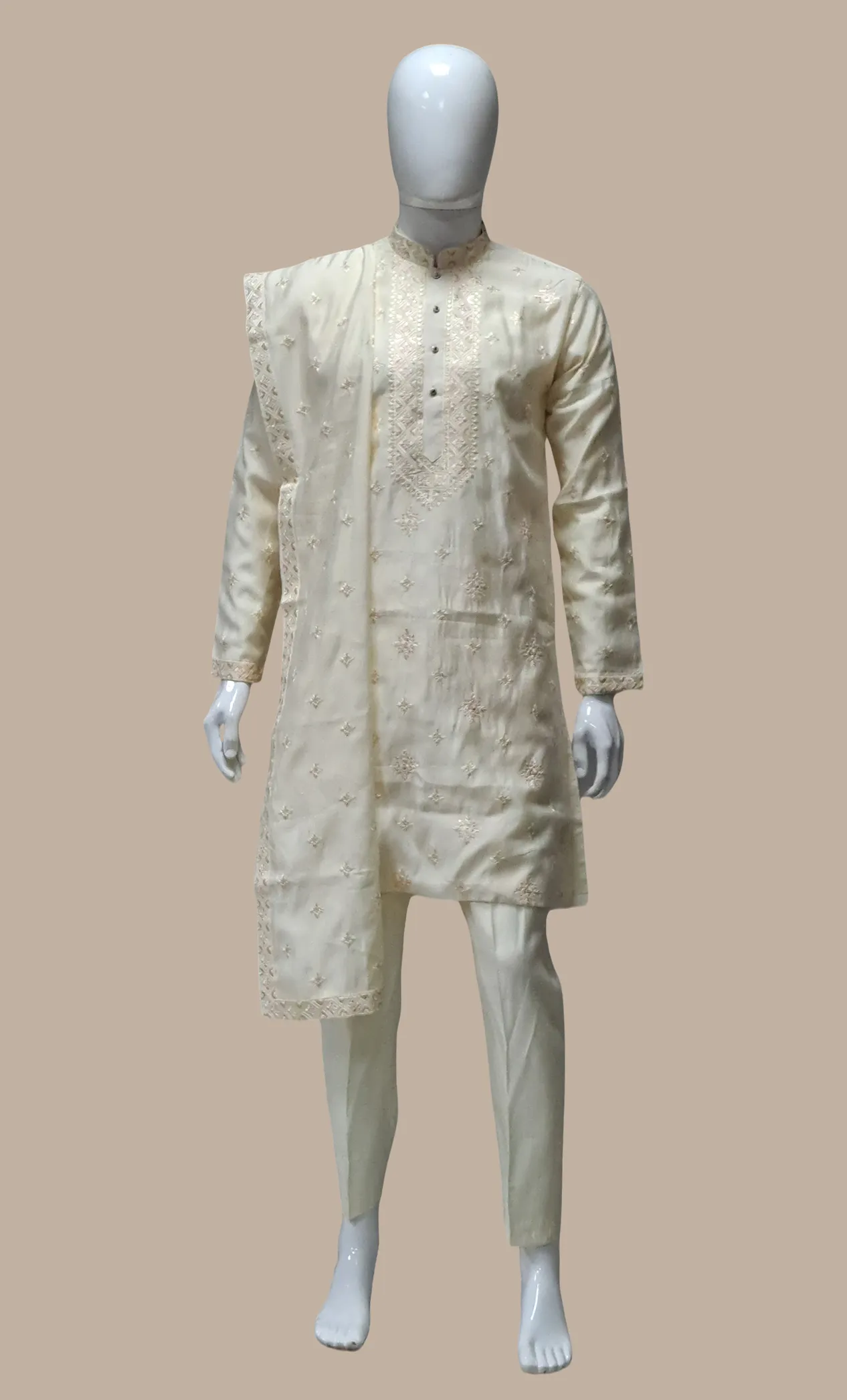 Cream Embroidered Kurta Set With Shawl