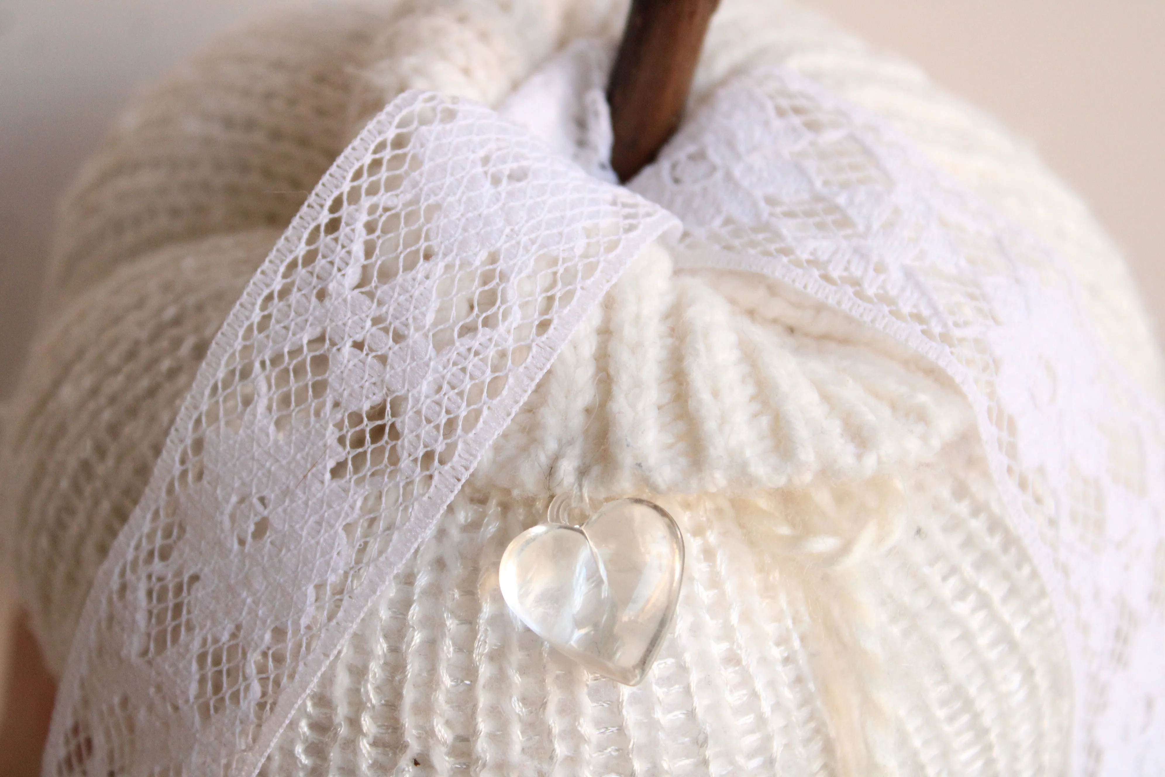 Creamy White Knit Pumpkin PIllow Pouf with Vintage Lace And Crystal Heart