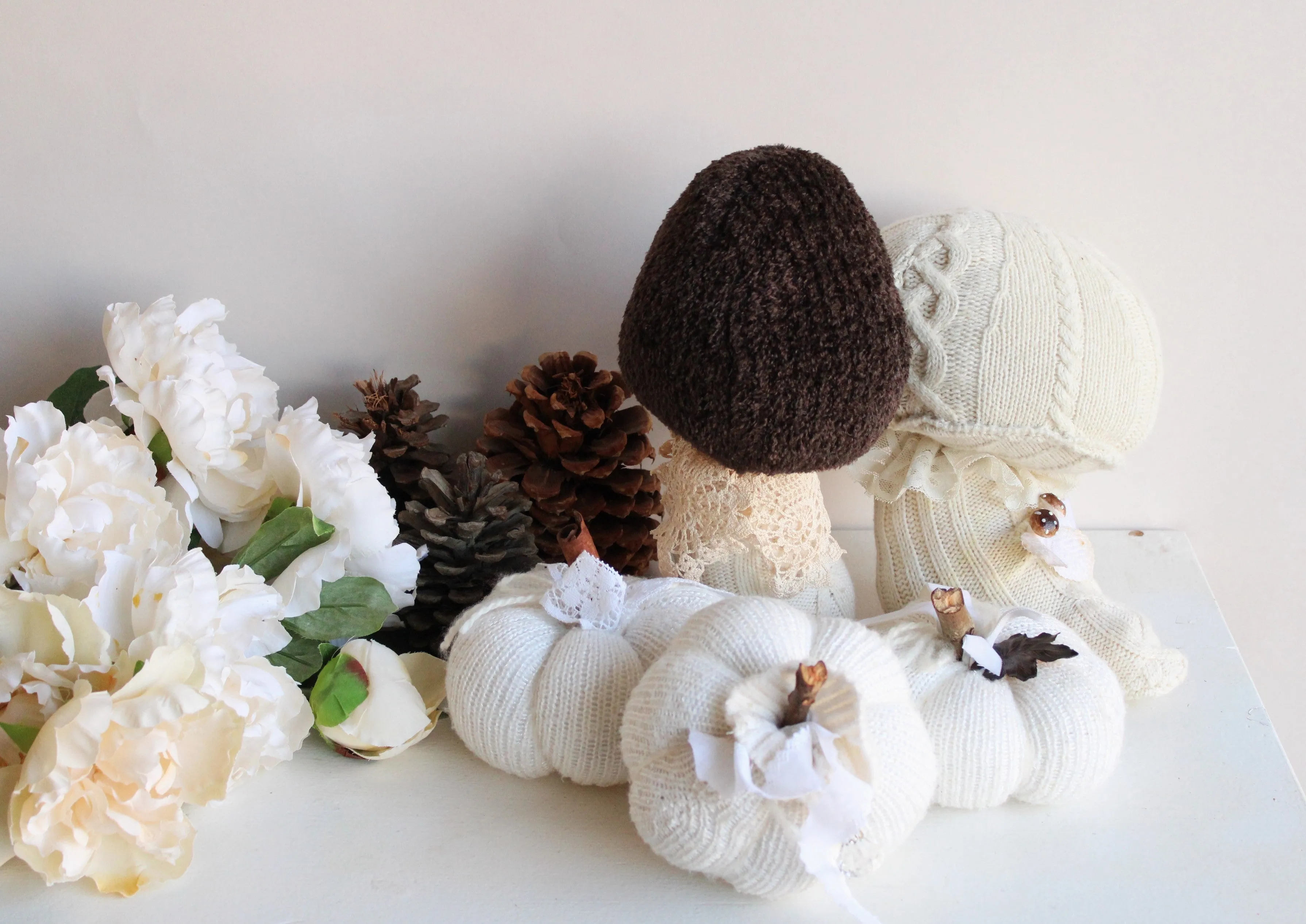 Creamy White Knit Pumpkin PIllow Pouf with Vintage Lace And Crystal Heart