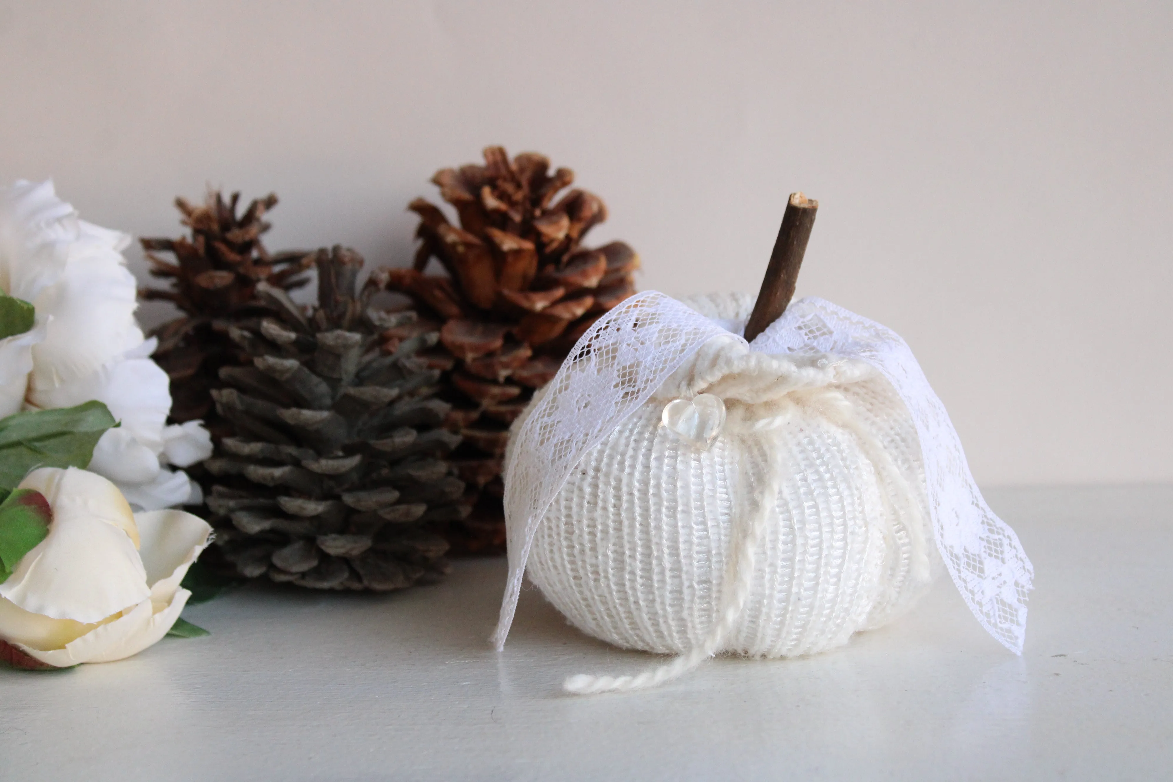 Creamy White Knit Pumpkin PIllow Pouf with Vintage Lace And Crystal Heart