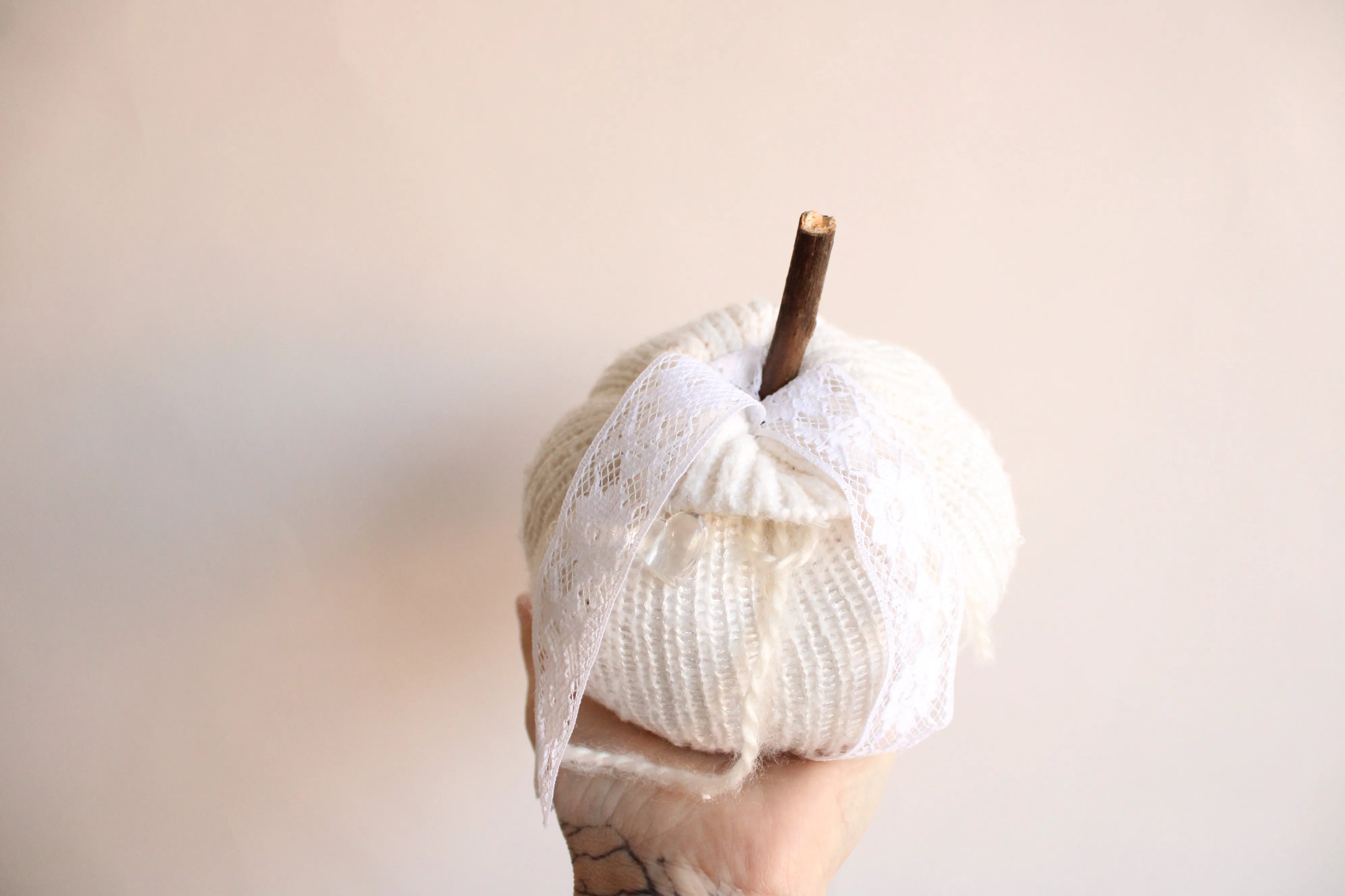 Creamy White Knit Pumpkin PIllow Pouf with Vintage Lace And Crystal Heart