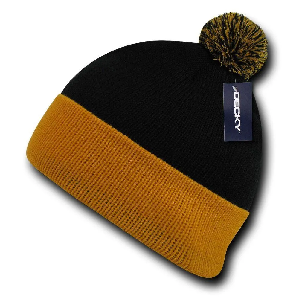 Decky Pom Pom Two Tone Beanies Long Cuffed Tight Stretchy Knitted Ski Caps Hats