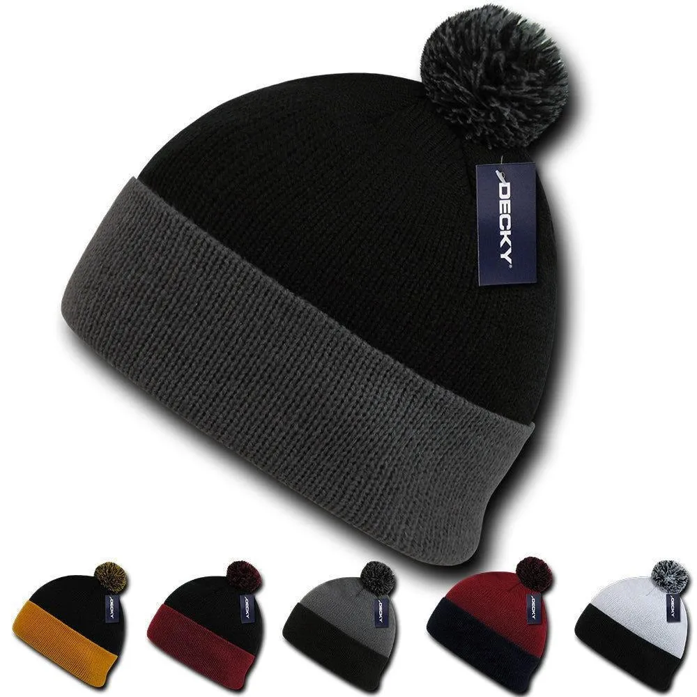 Decky Pom Pom Two Tone Beanies Long Cuffed Tight Stretchy Knitted Ski Caps Hats