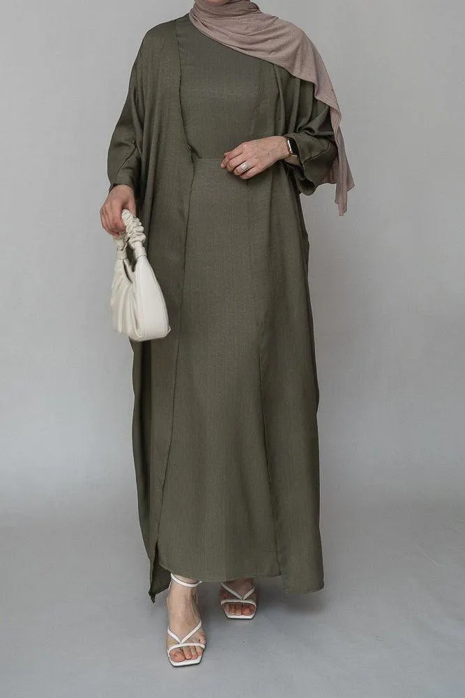 Dinia linen natural fabric 3 piece set with inner slip dress, apron and open front abaya in khaki green