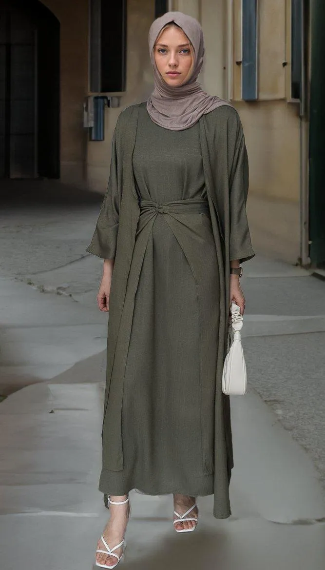 Dinia linen natural fabric 3 piece set with inner slip dress, apron and open front abaya in khaki green