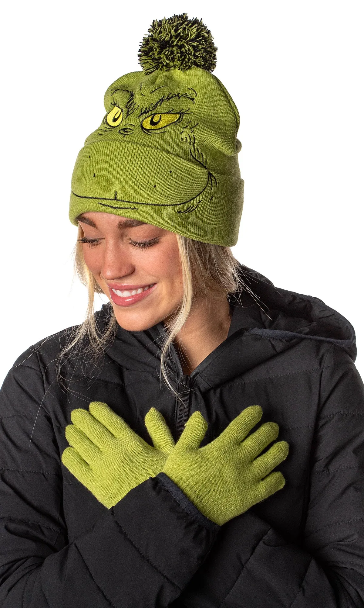 Dr. Seuss GRINCH Who Stole Christmas Embroidered Pom Beanie and Glove Set