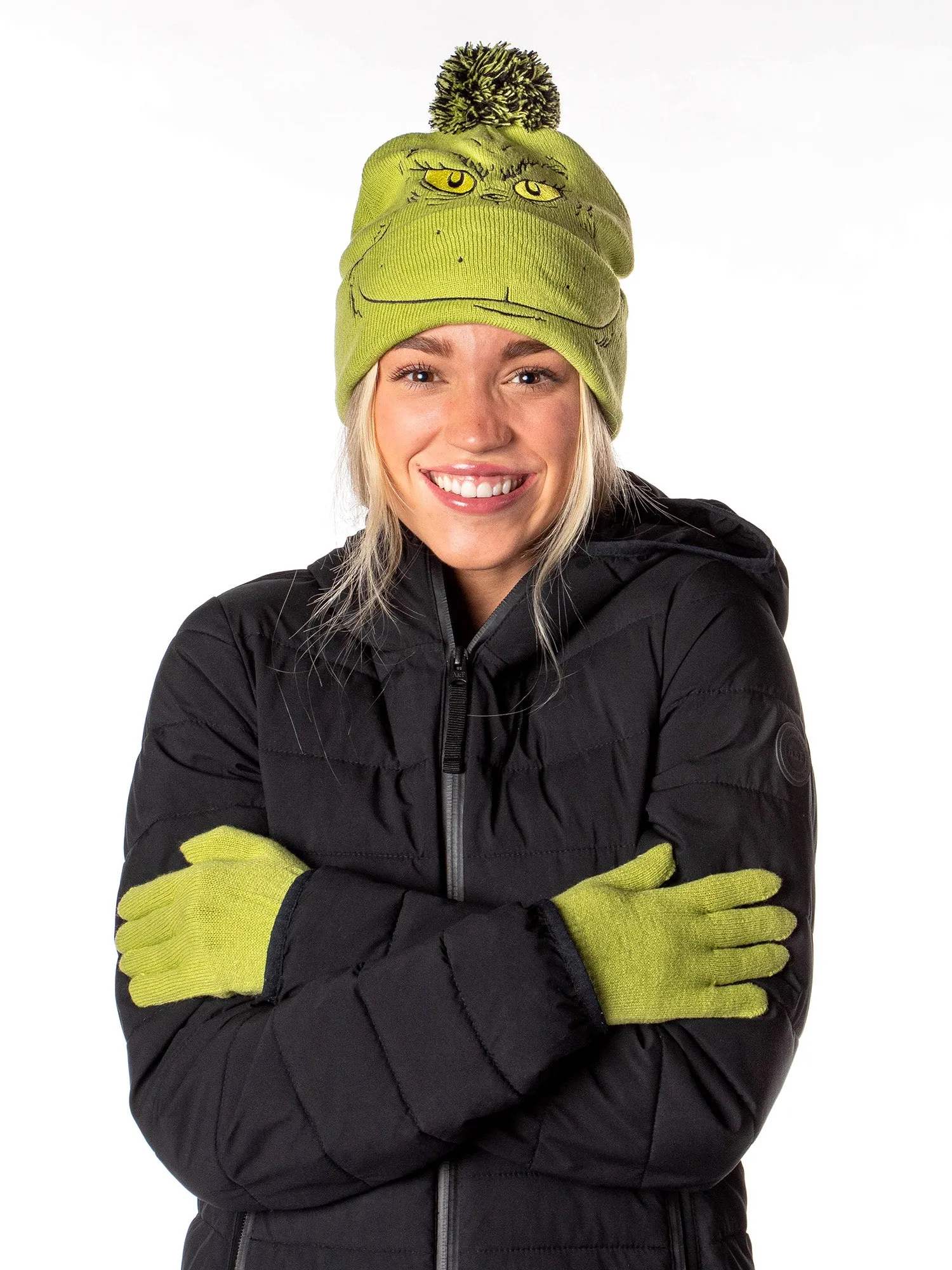 Dr. Seuss GRINCH Who Stole Christmas Embroidered Pom Beanie and Glove Set