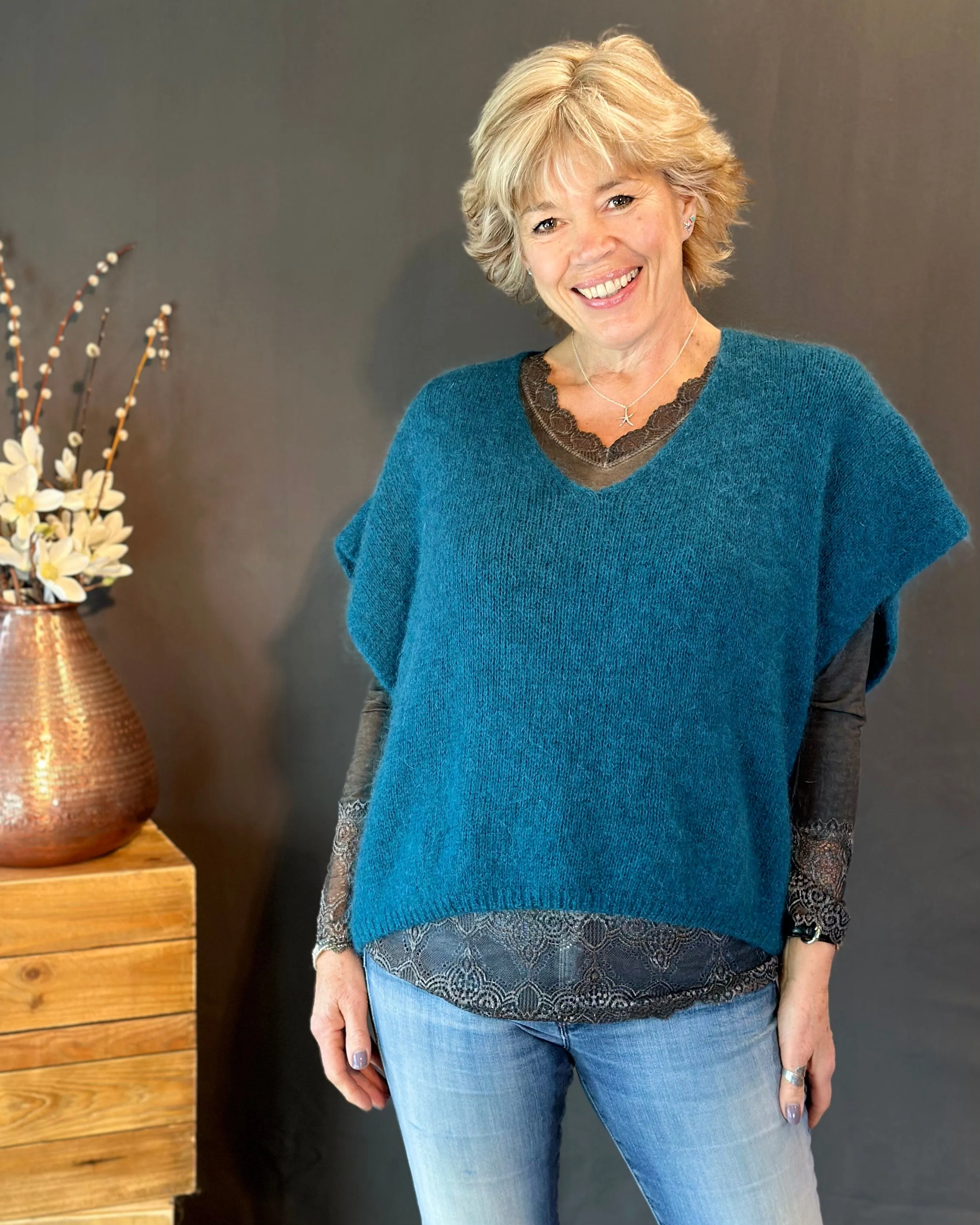 Drop Shoulder Mohair Tank Top - Teal