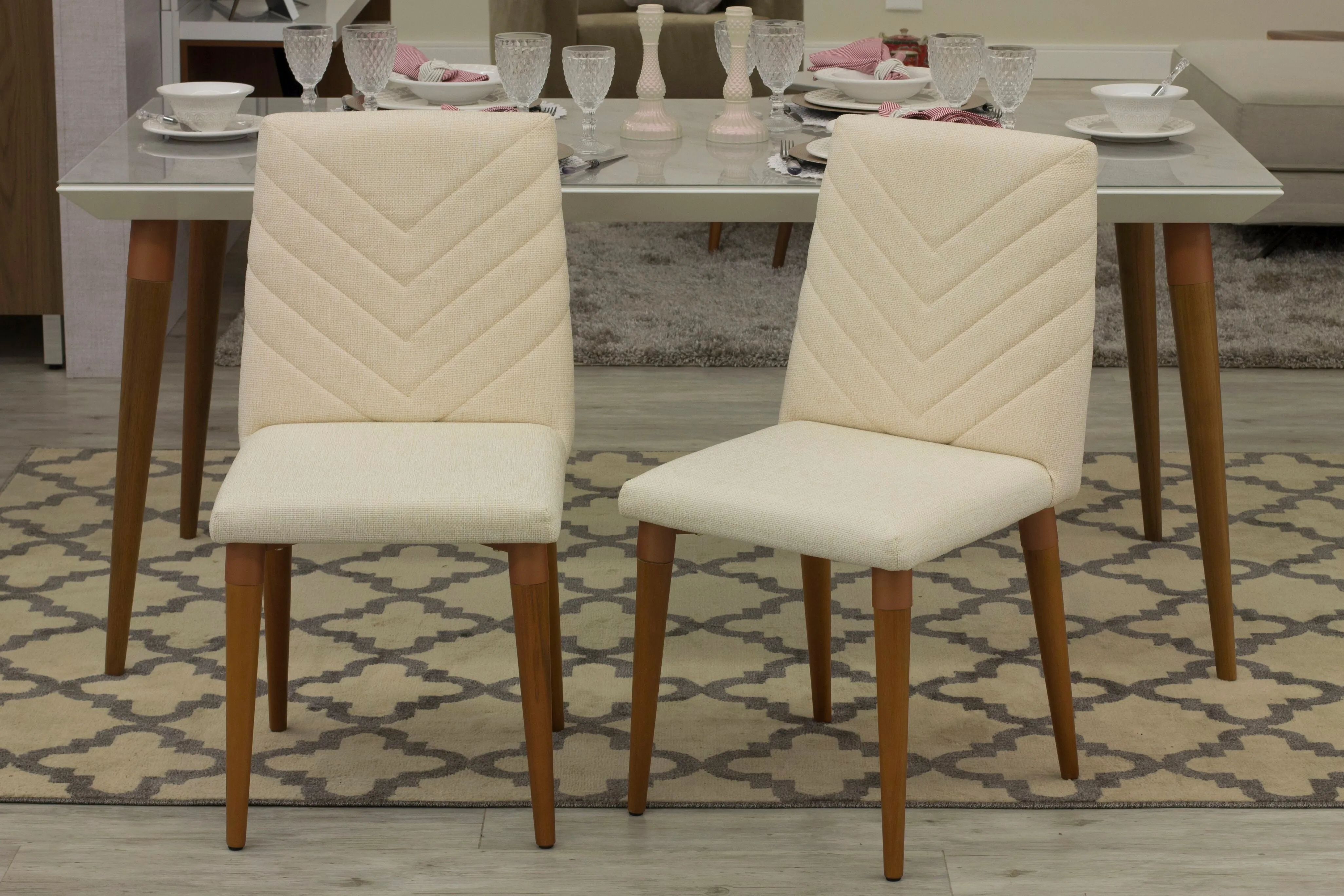 Duffy 62.99 Modern Rectangle Dining Table and Utopia Chevron Dining Chair in Cinnamon Off White and Beige - Set of 7