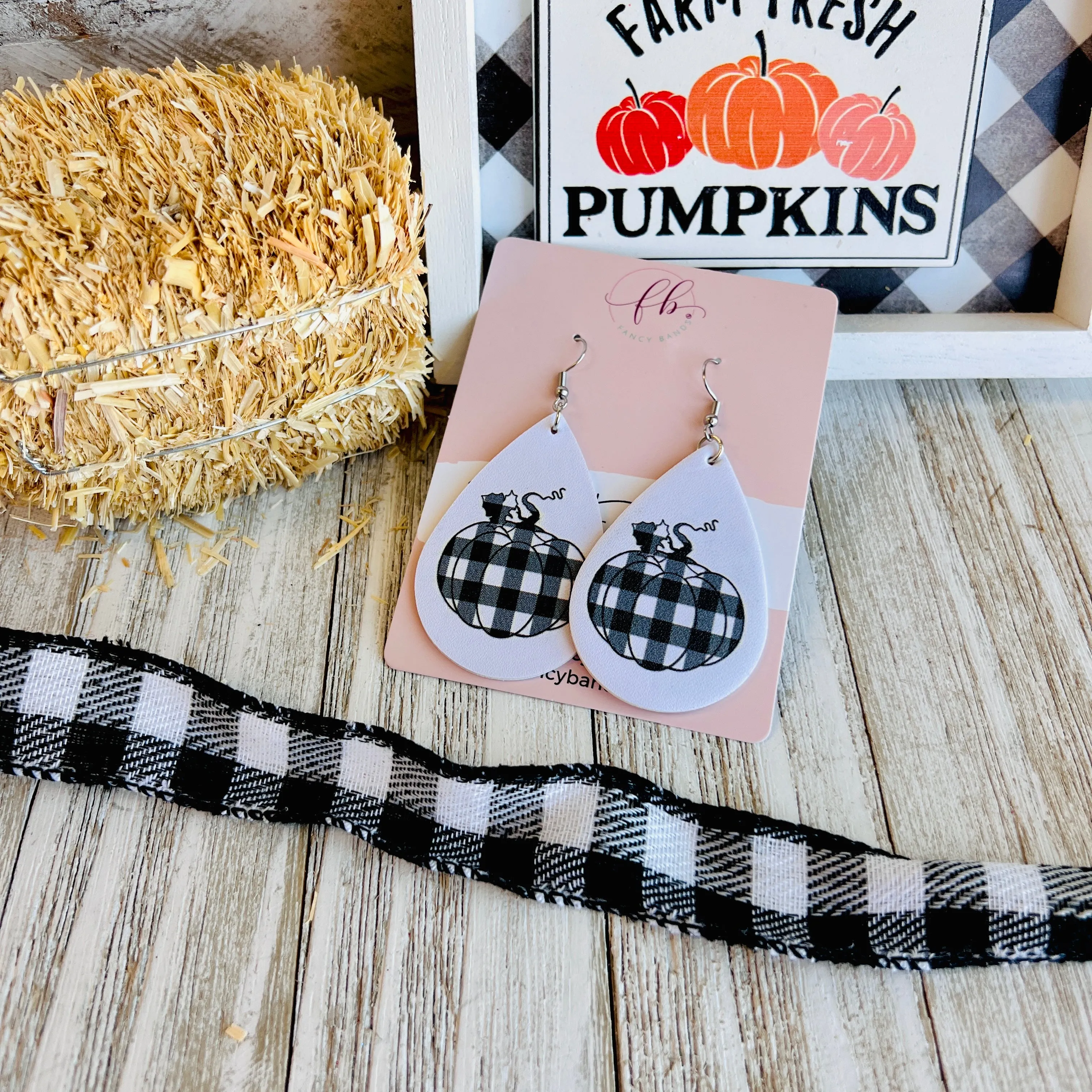 Fall Gingham Pumpkin Faux Leather Drop Ear Bling