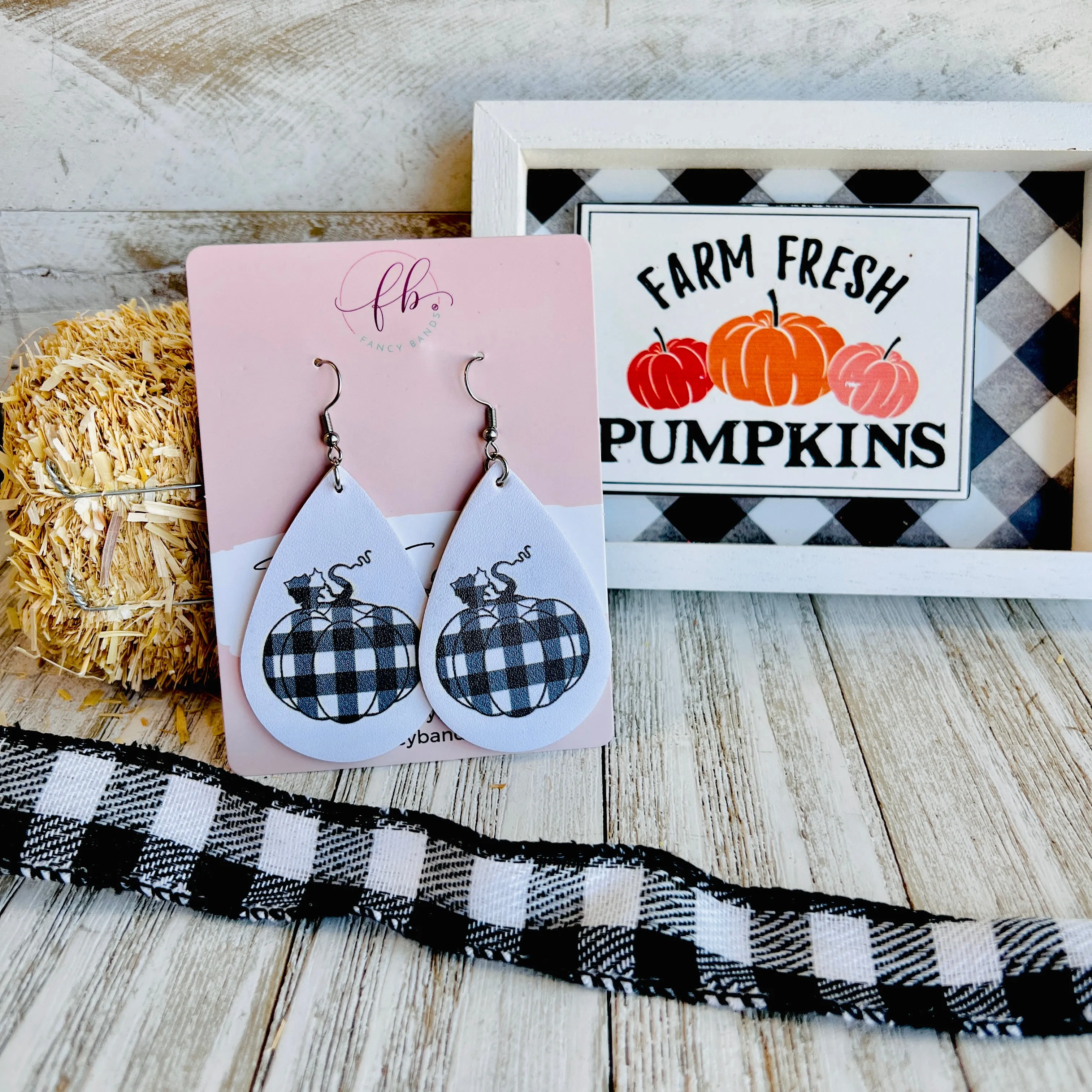 Fall Gingham Pumpkin Faux Leather Drop Ear Bling