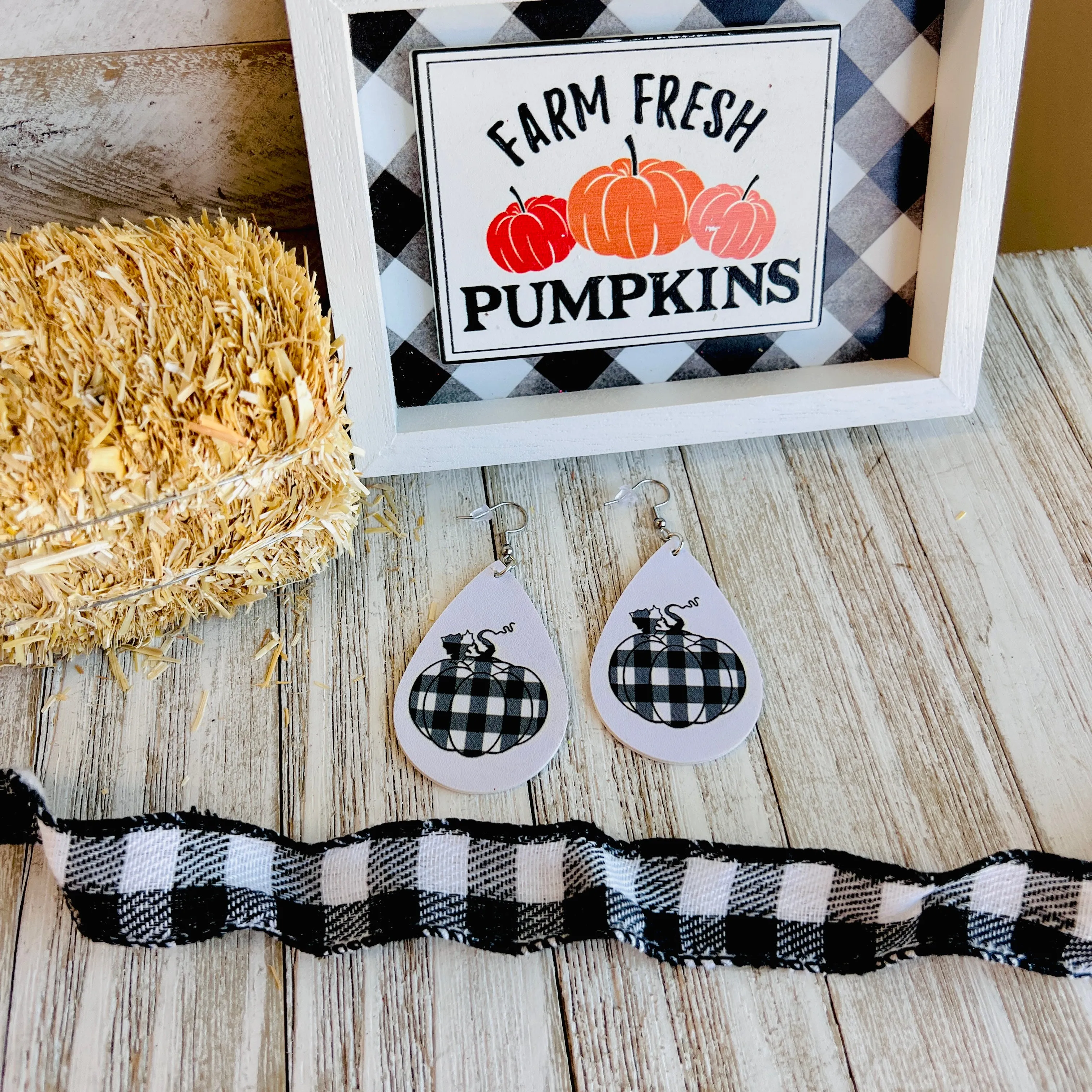 Fall Gingham Pumpkin Faux Leather Drop Ear Bling