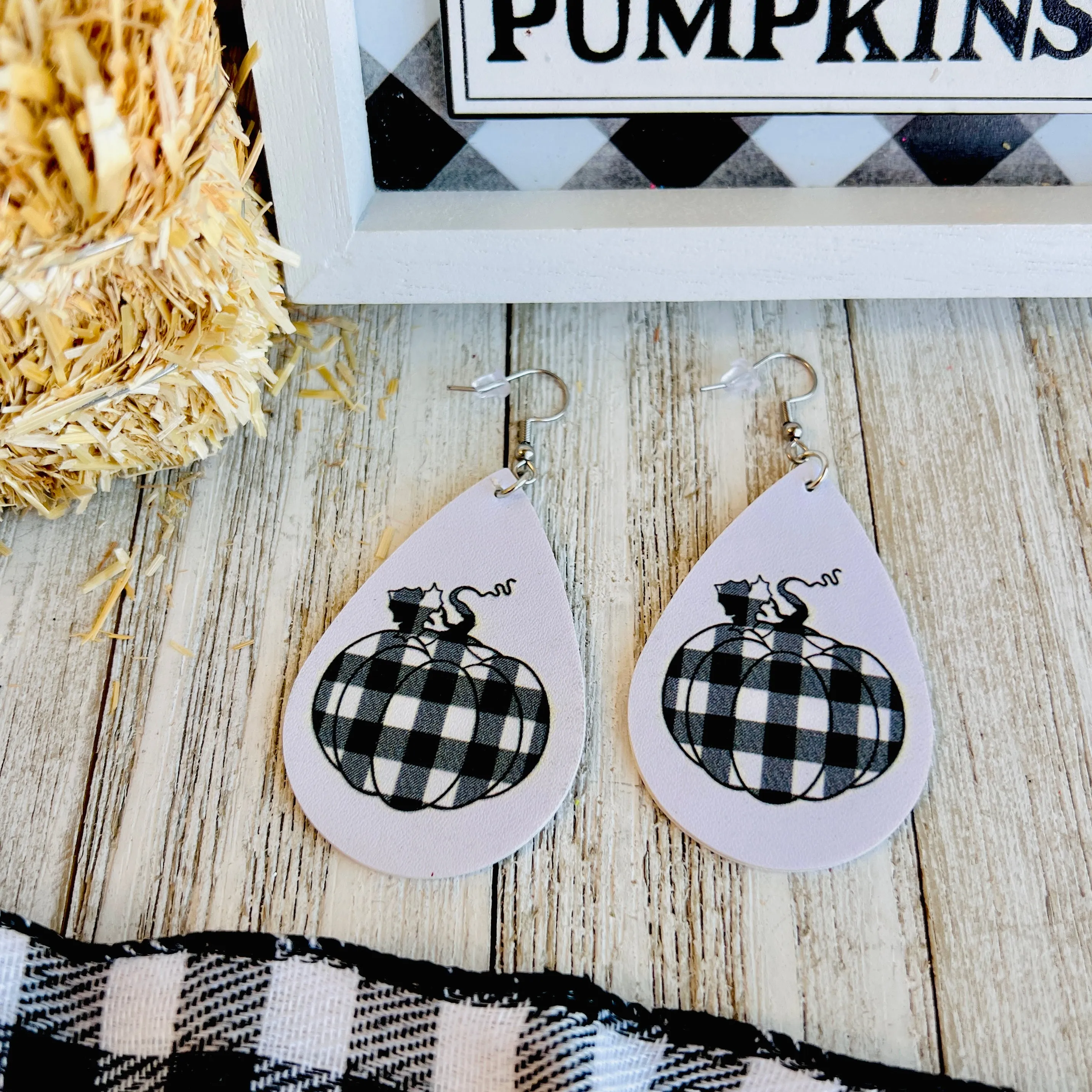 Fall Gingham Pumpkin Faux Leather Drop Ear Bling