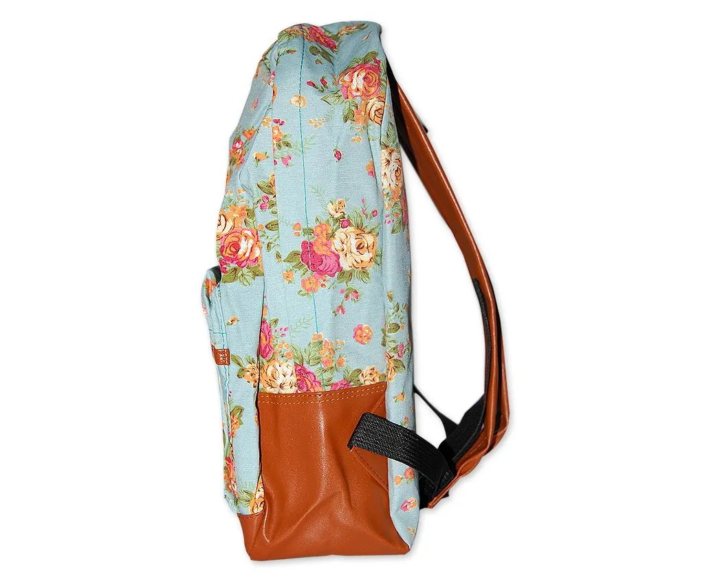 Floral Print Canvas Backpack - Blue