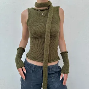 Handmade knitted skinny scarf in khaki green