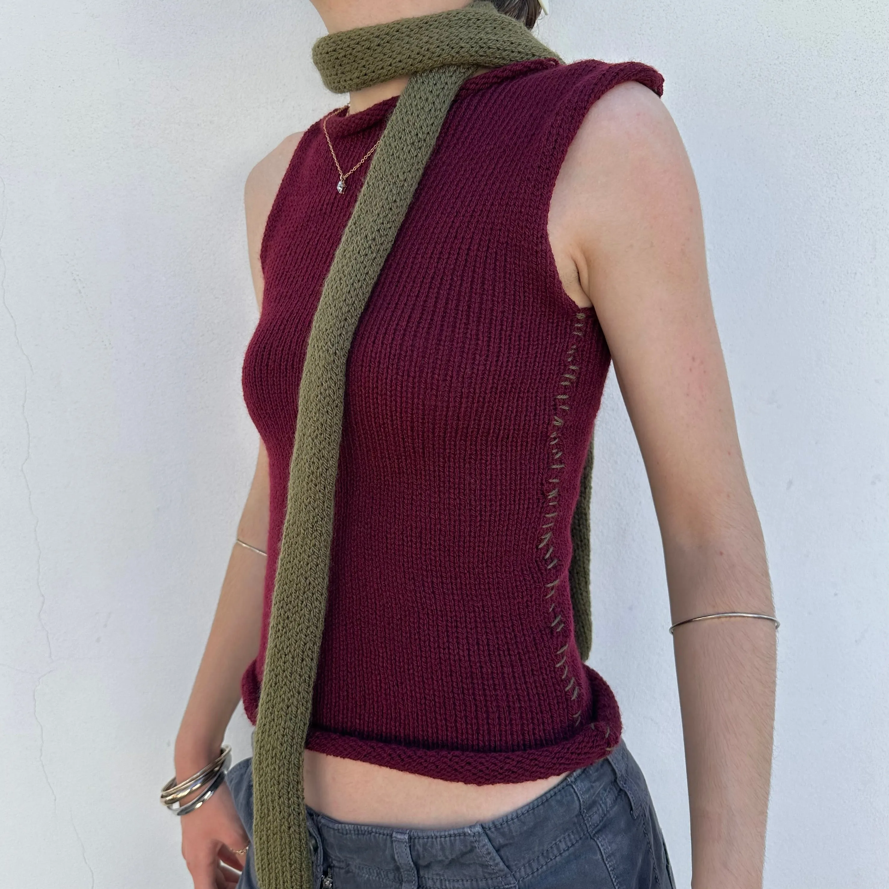 Handmade knitted skinny scarf in khaki green