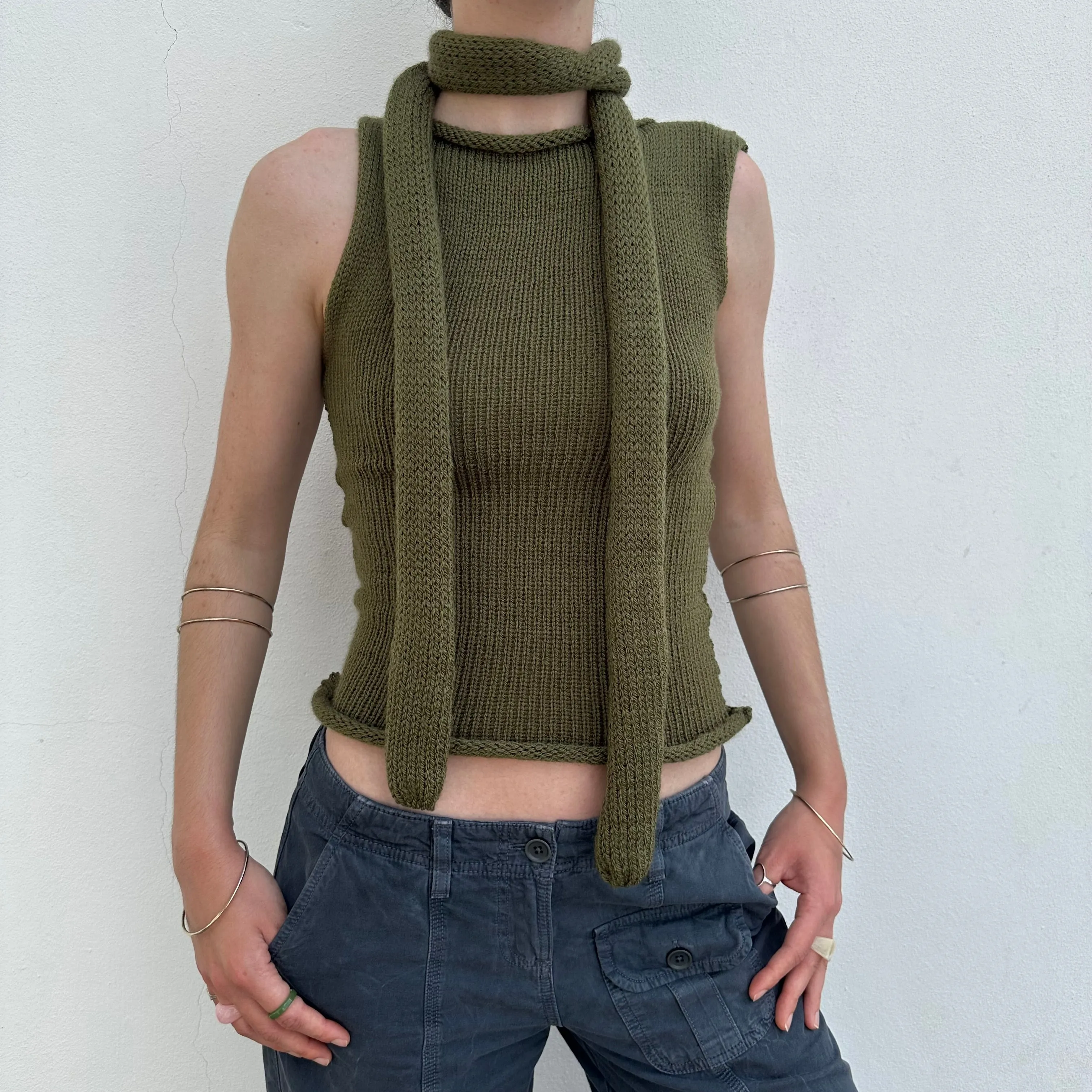 Handmade knitted skinny scarf in khaki green