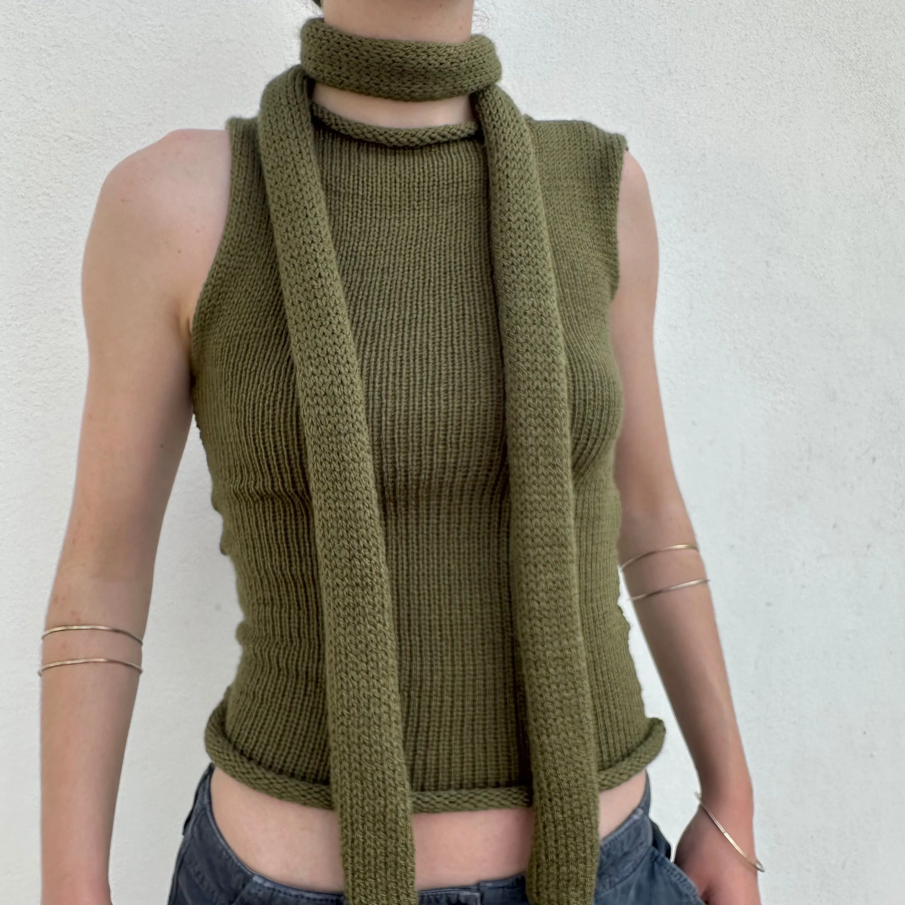 Handmade knitted skinny scarf in khaki green