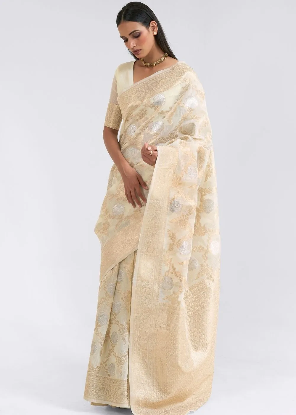 Ivory White Zari Woven Linen Silk Saree