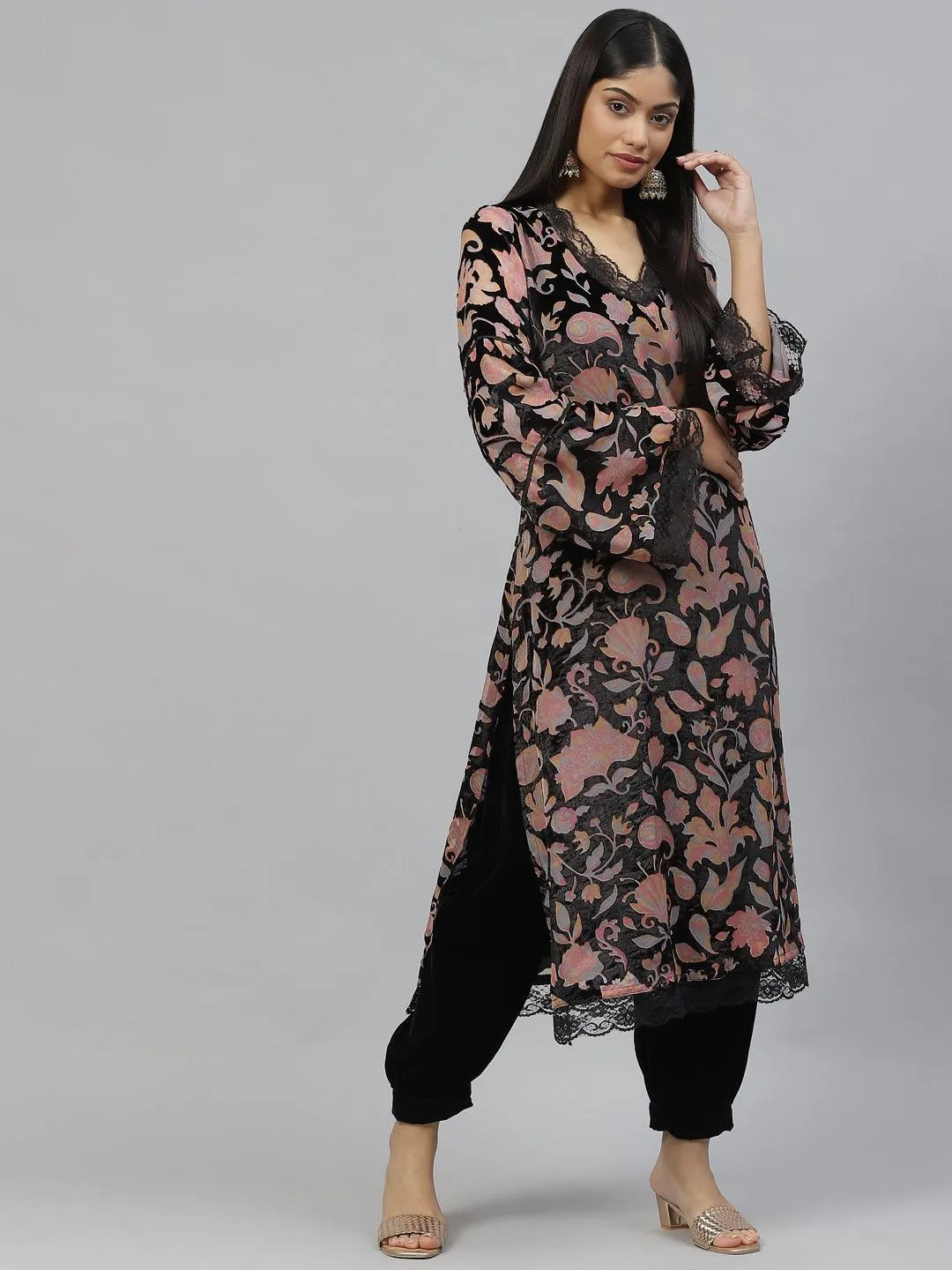 Jashvi Black Burn out Velvet Kurta Harem Pant with Organza Dupatta