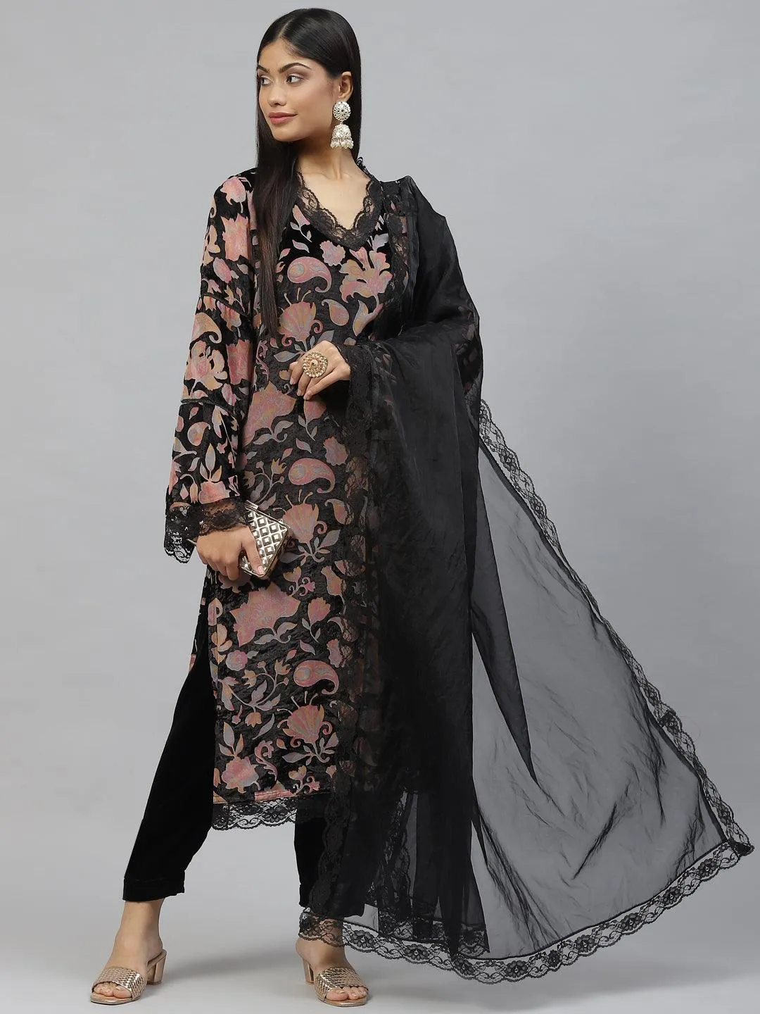 Jashvi Black Burn out Velvet Kurta Harem Pant with Organza Dupatta