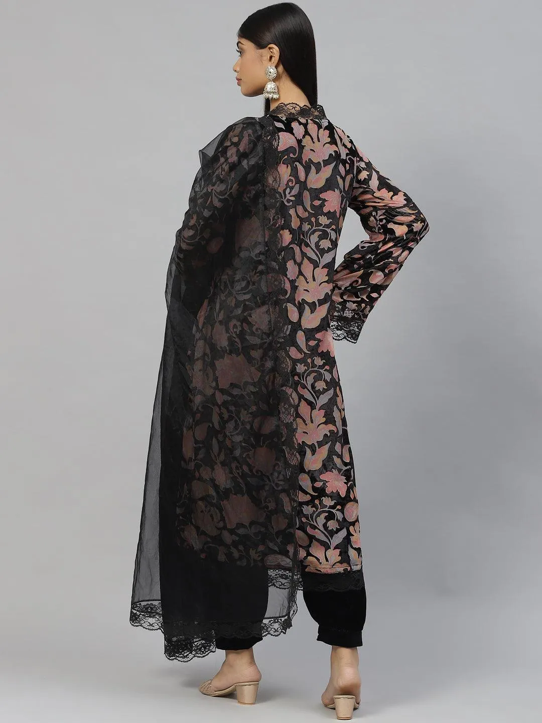 Jashvi Black Burn out Velvet Kurta Harem Pant with Organza Dupatta