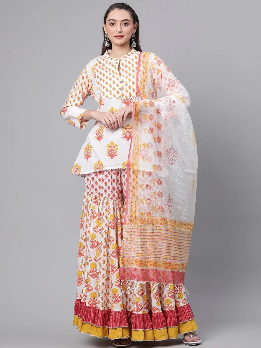 Jashvi Yellow White Peplum Top Sharara Set with Dupatta