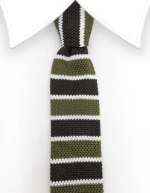 Khaki Green, Brown and White Stripe Knitted Tie