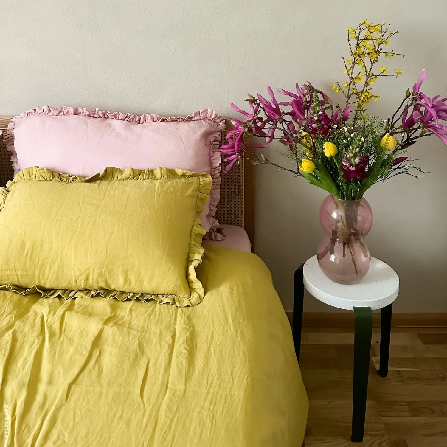 Lemon Curry Linen Pillowcase with Frills