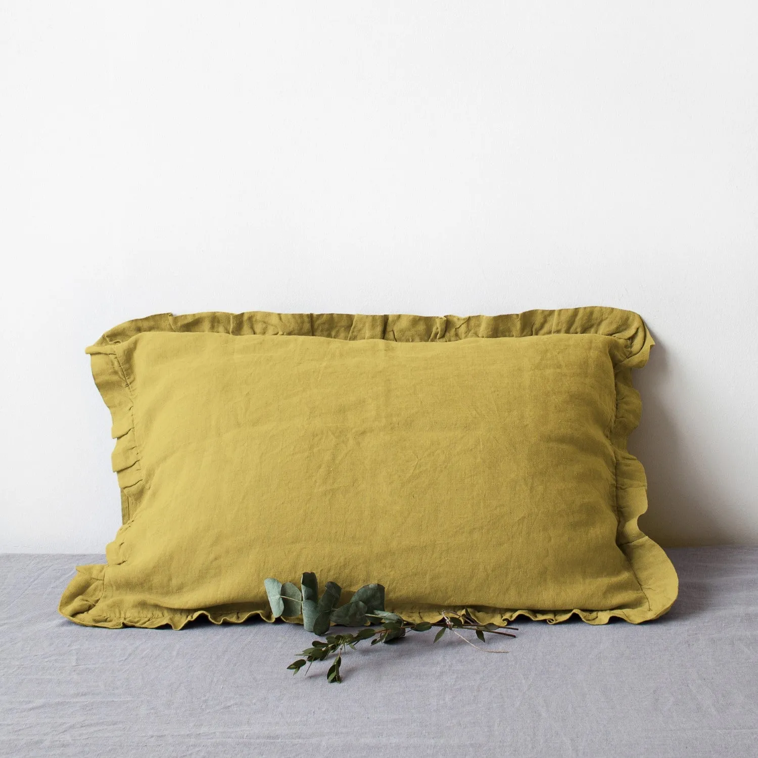 Lemon Curry Linen Pillowcase with Frills