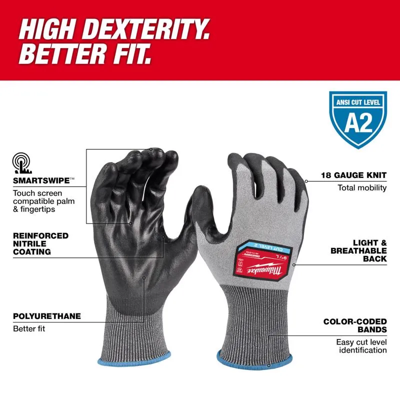 Milwaukee Cut Level 2 High Dexterity Polyurethane Dipped Gloves Gray L 1 pair