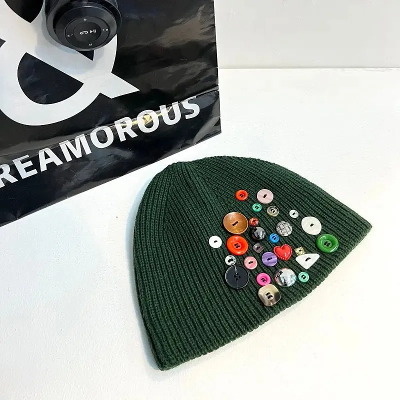 Multicolored Button Knit Beanie