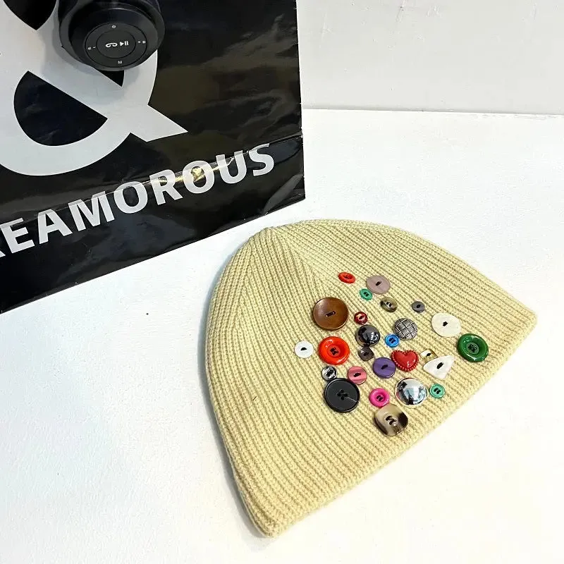 Multicolored Button Knit Beanie