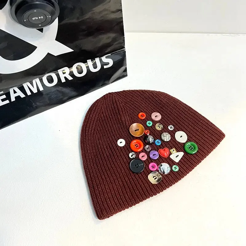 Multicolored Button Knit Beanie