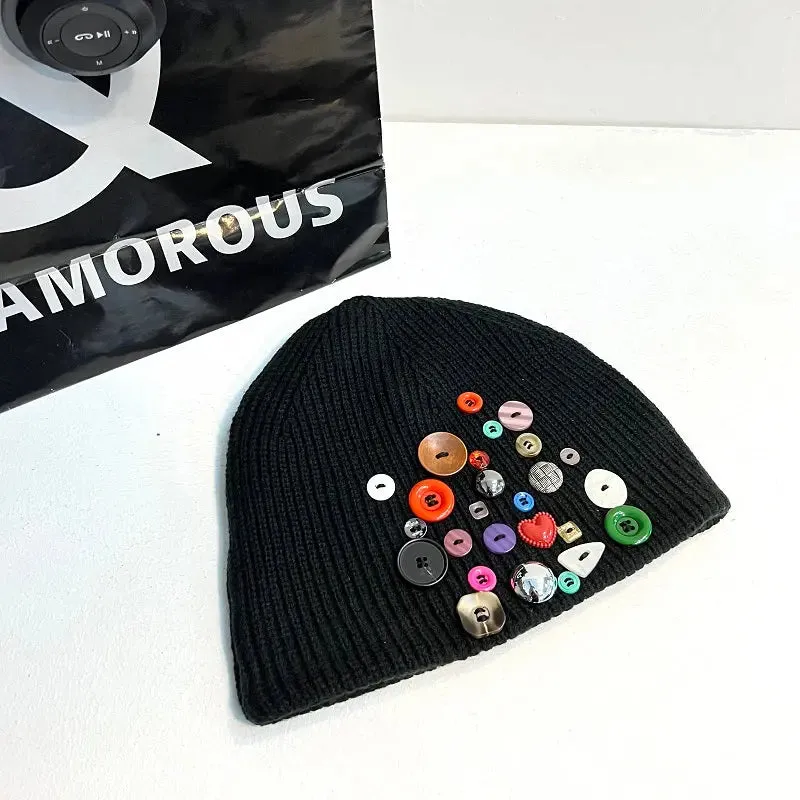 Multicolored Button Knit Beanie