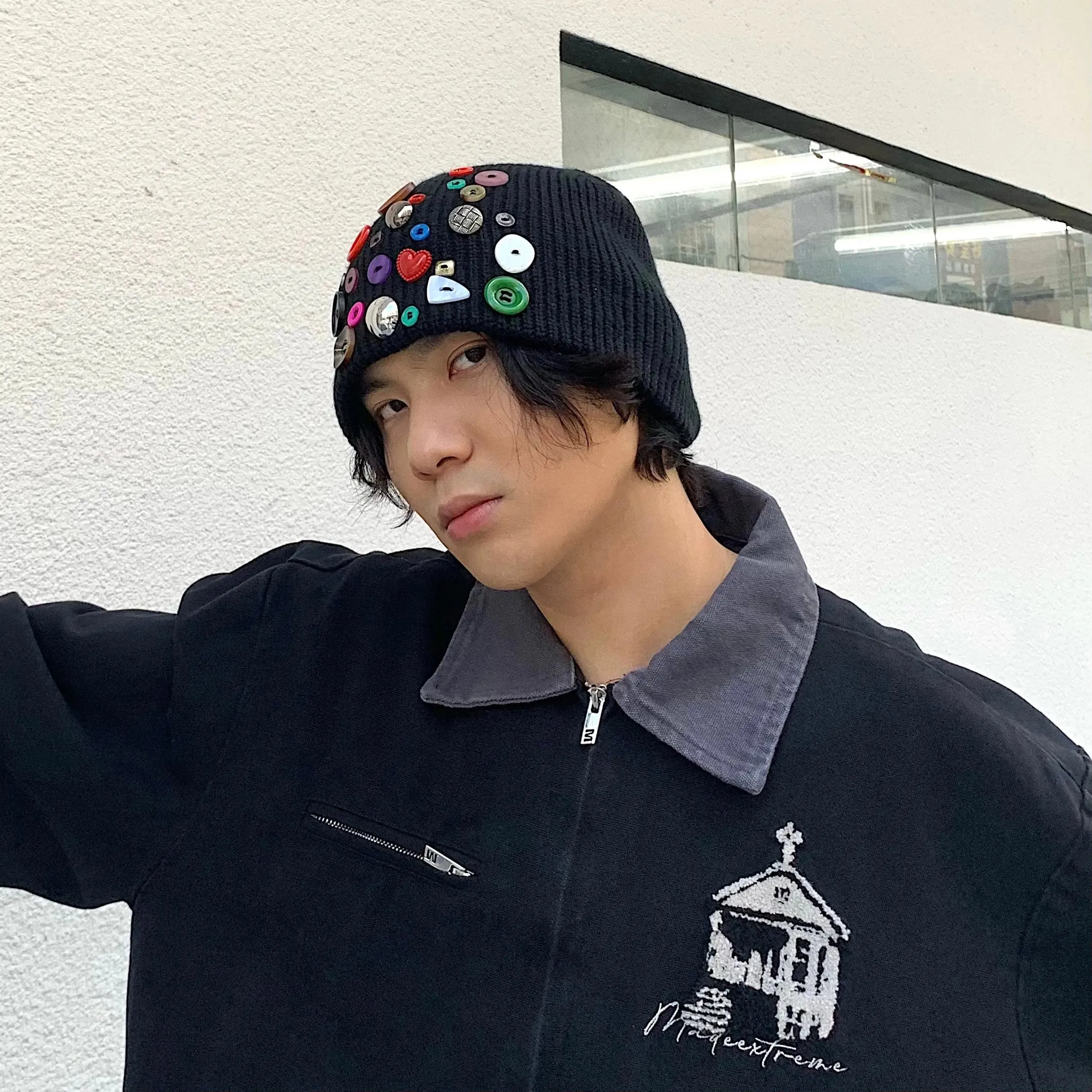 Multicolored Button Knit Beanie