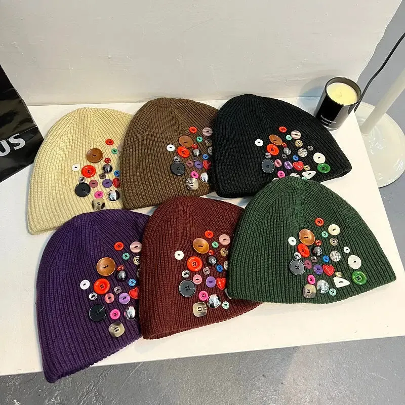 Multicolored Button Knit Beanie