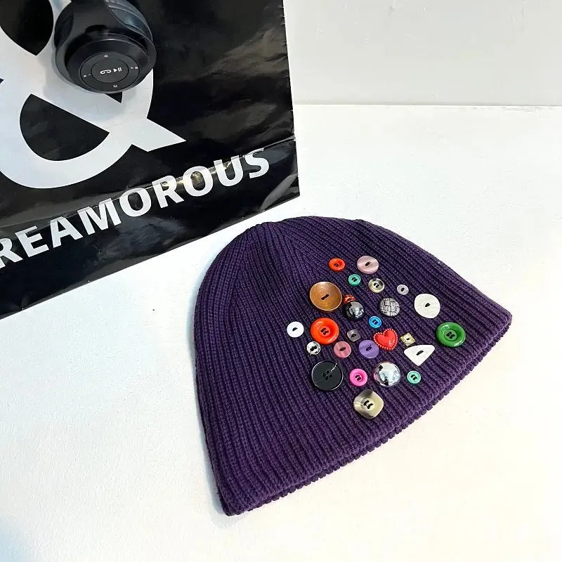 Multicolored Button Knit Beanie