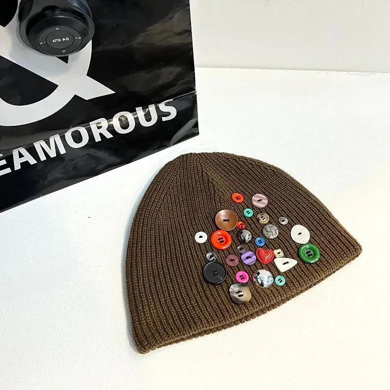 Multicolored Button Knit Beanie