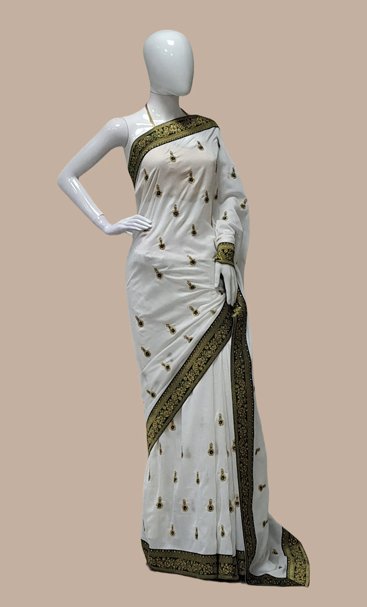 Off White With Dark Green Embroidered Sari